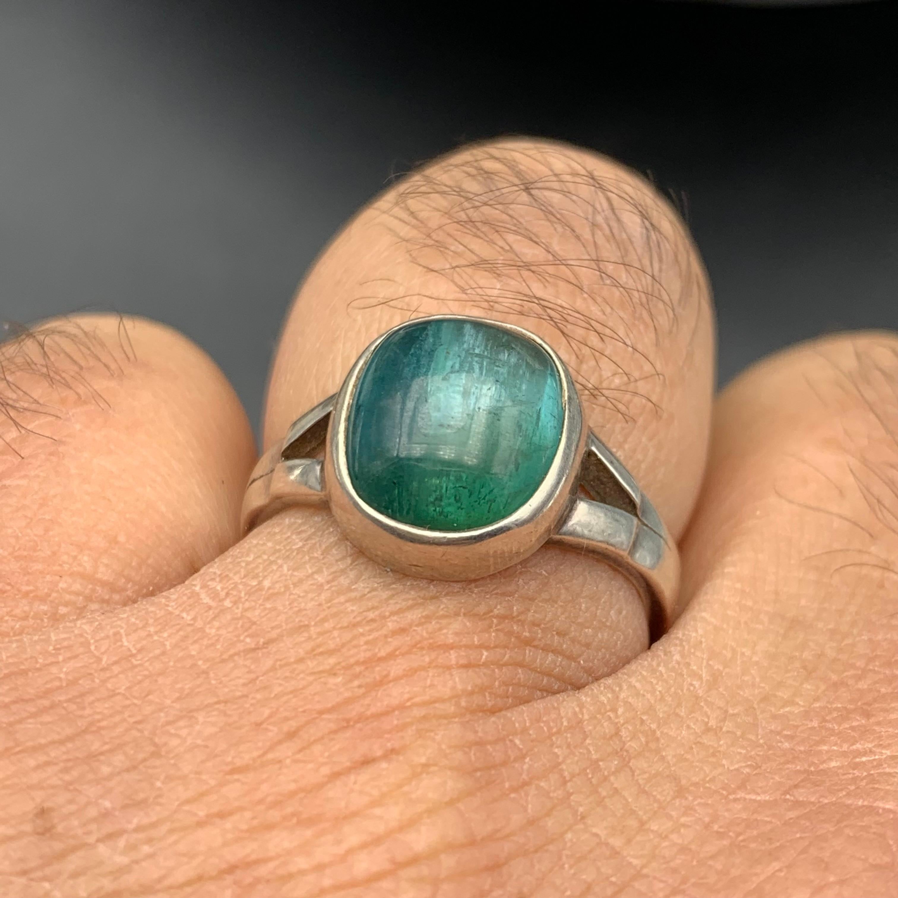 da uomo o donna Anello in argento 925 fatto a mano con tormalina verde blu e gemma naturale, misura 8,5. in vendita