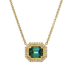3.38 Carat Emerald Cut Blue Green Tourmaline Diamond Pendant 18K Gold Necklace