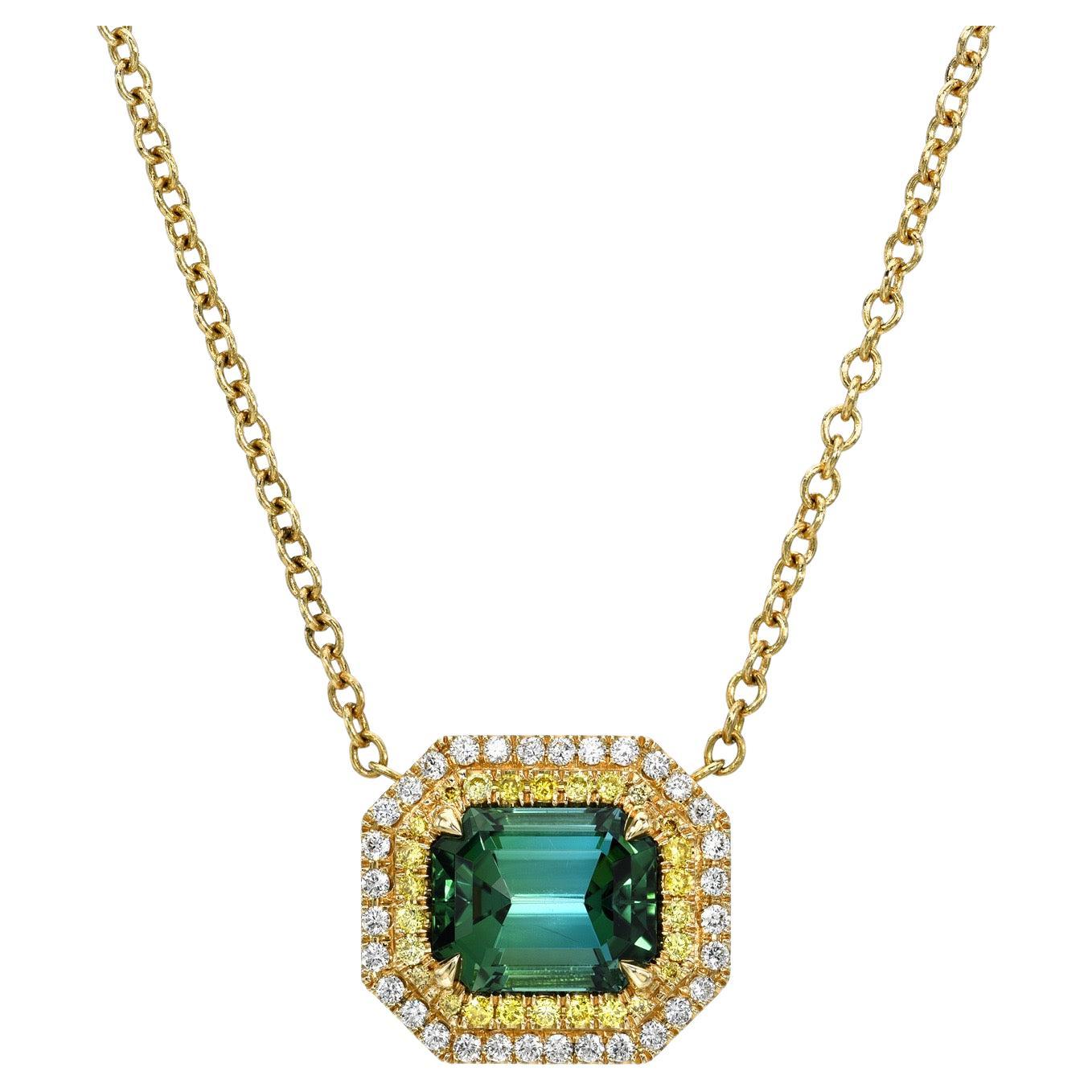 Blue Green Tourmaline Necklace 3.38 Carat Emerald Cut For Sale