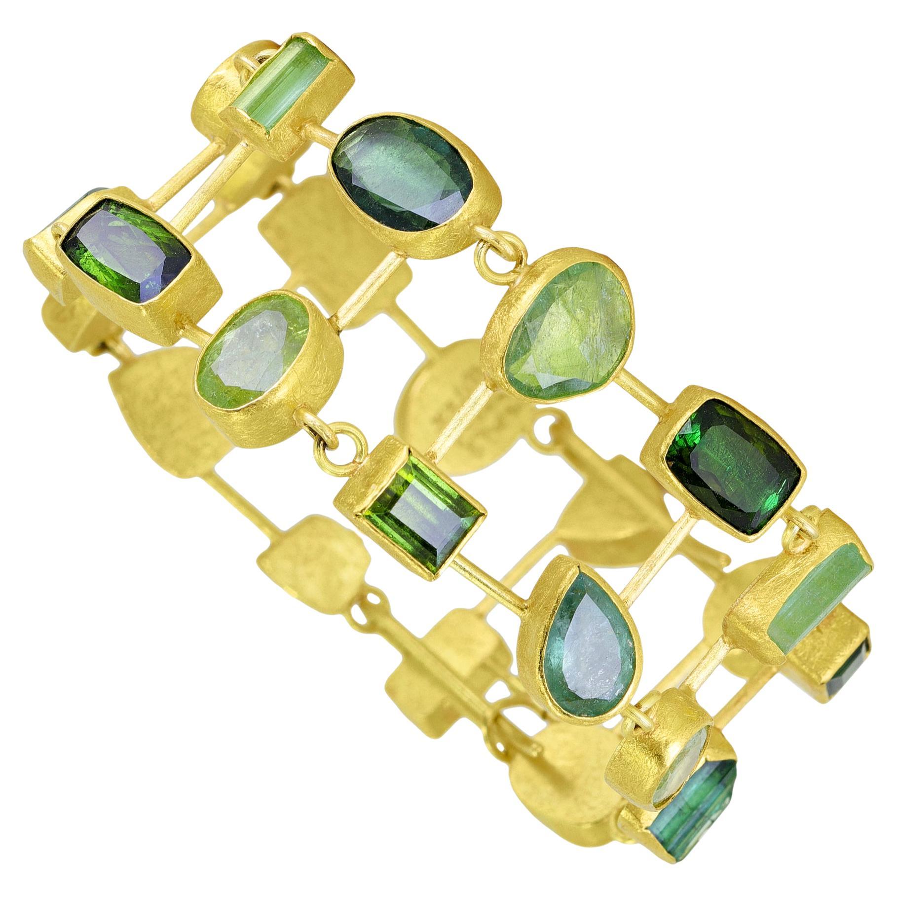 Blue Green Tourmaline Yellow Gold One of a Kind Ladder Bracelet, Petra Class For Sale
