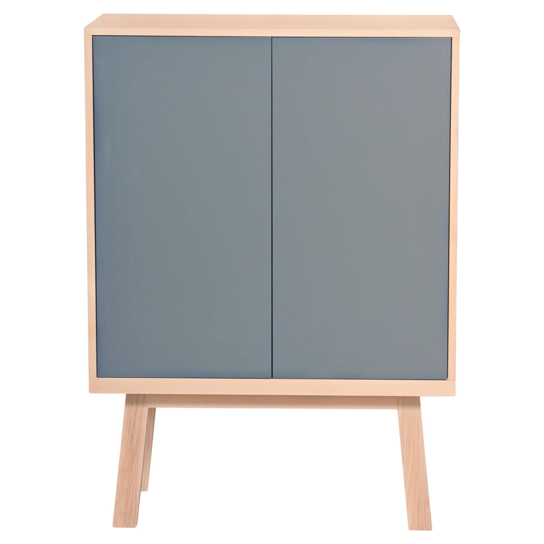 Blue Grey 2 Door Wardrobe in Ash Wood, Made in France For Sale