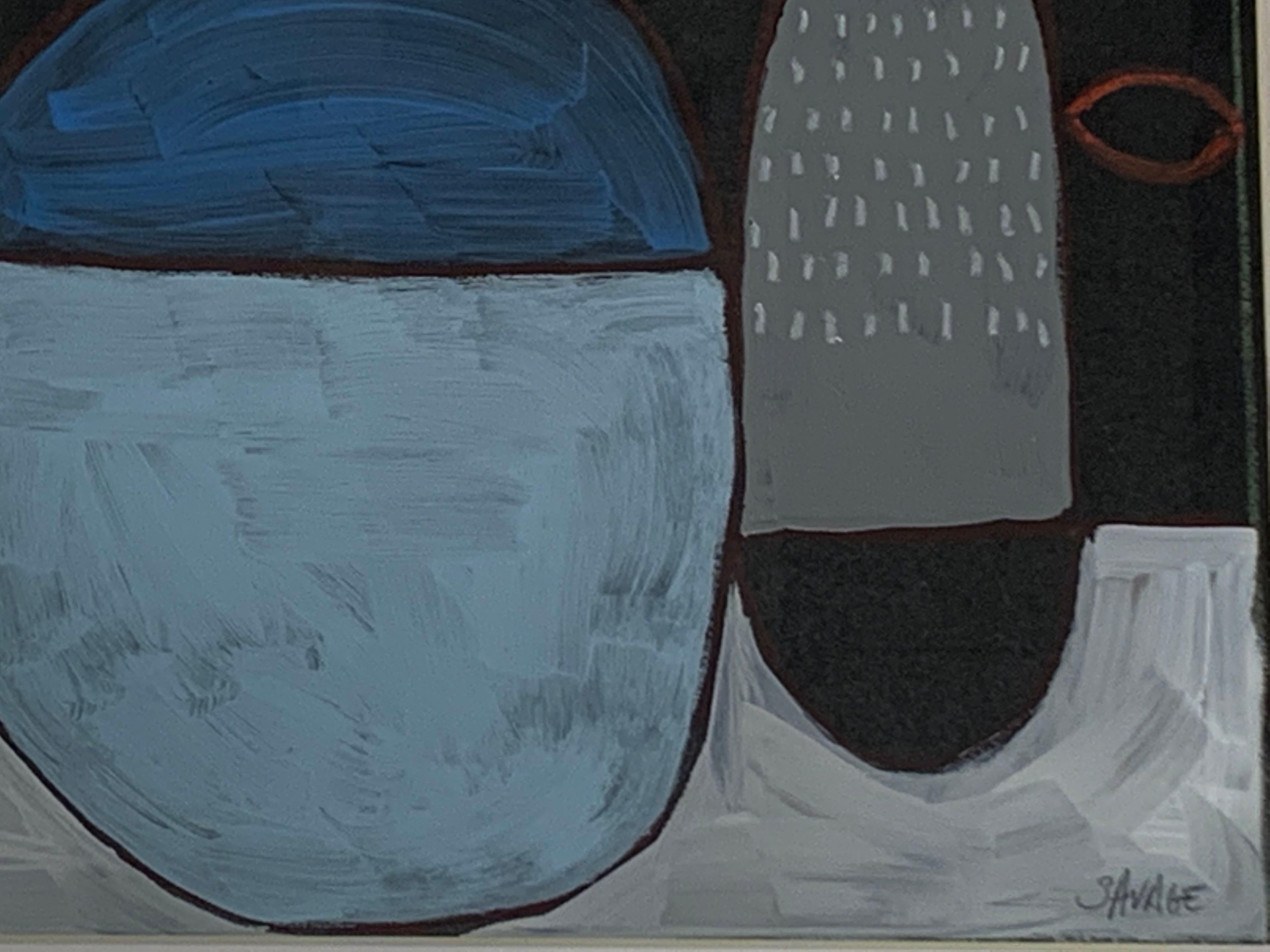Abstraktes Gouache-Gemälde des amerikanischen Künstlers Shawn Savage.
Blautöne mit Grau und Schwarz in einem schwarzen Rahmen.
Vom Künstler signiert.