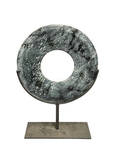 Blue, Grey, Black Set Of Two Jade Disc Sculptures On Stands, China, Contemporary