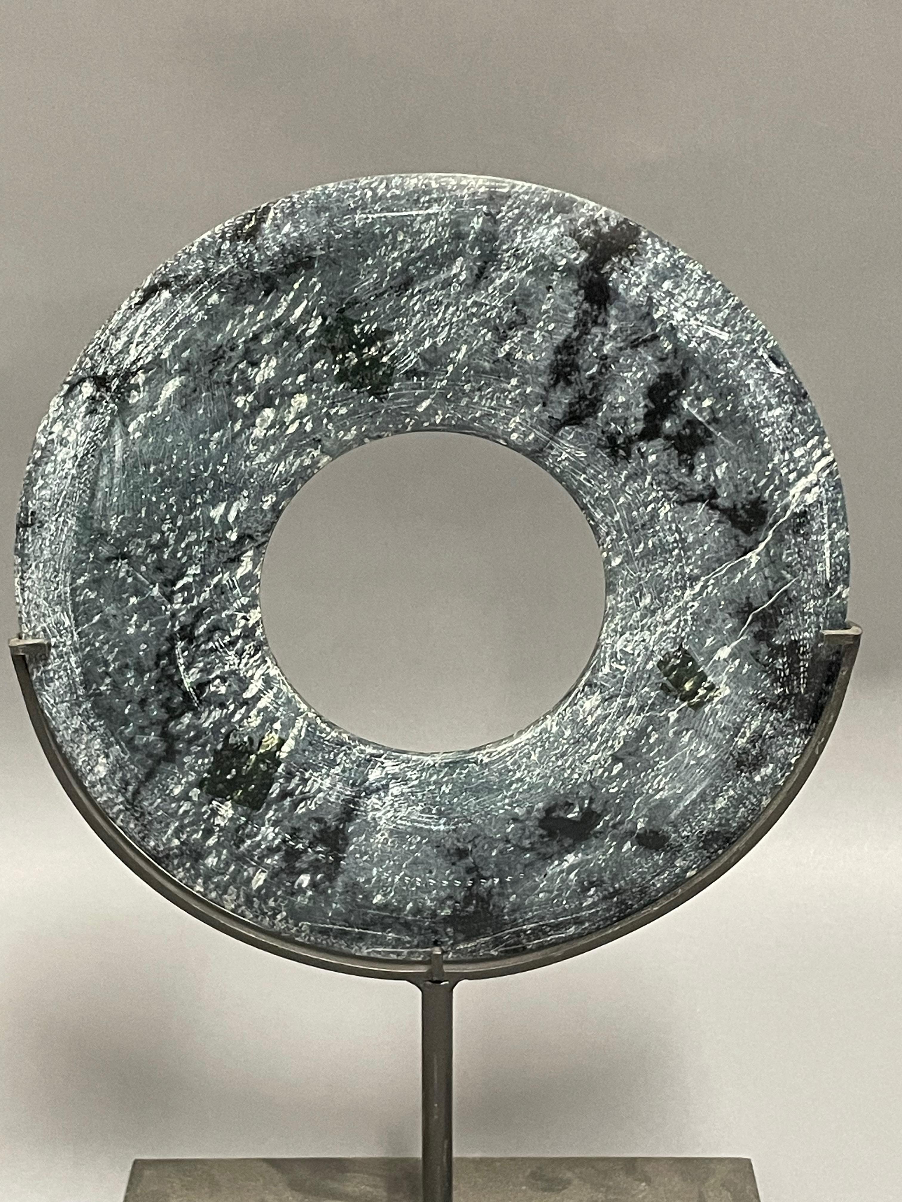 Chinese Blue, Grey, Black Set Of Two Jade Disc Sculptures On Stands, China, Contemporary For Sale