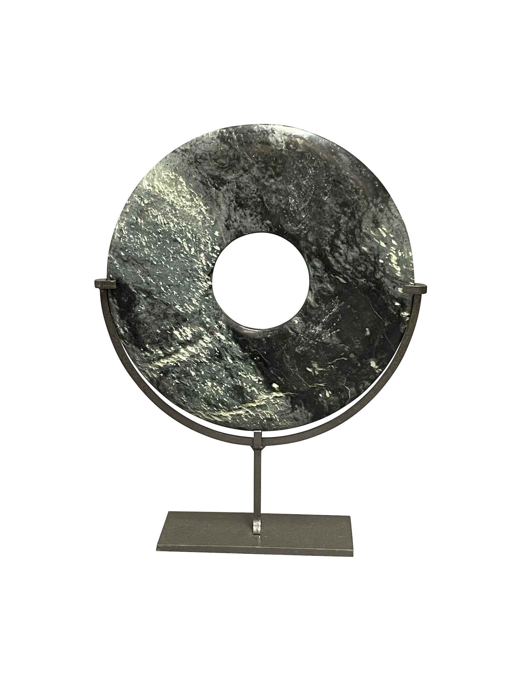 Blue, Grey, Black Set Of Two Jade Disc Sculptures On Stands, China, Contemporary For Sale 2