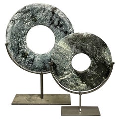Blue, Grey, Black Set Of Two Jade Disc Sculptures On Stands, China, Contemporary