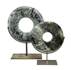 Blue, Grey, Black Set Of Two Jade Disc Sculptures On Stands, China, Contemporary