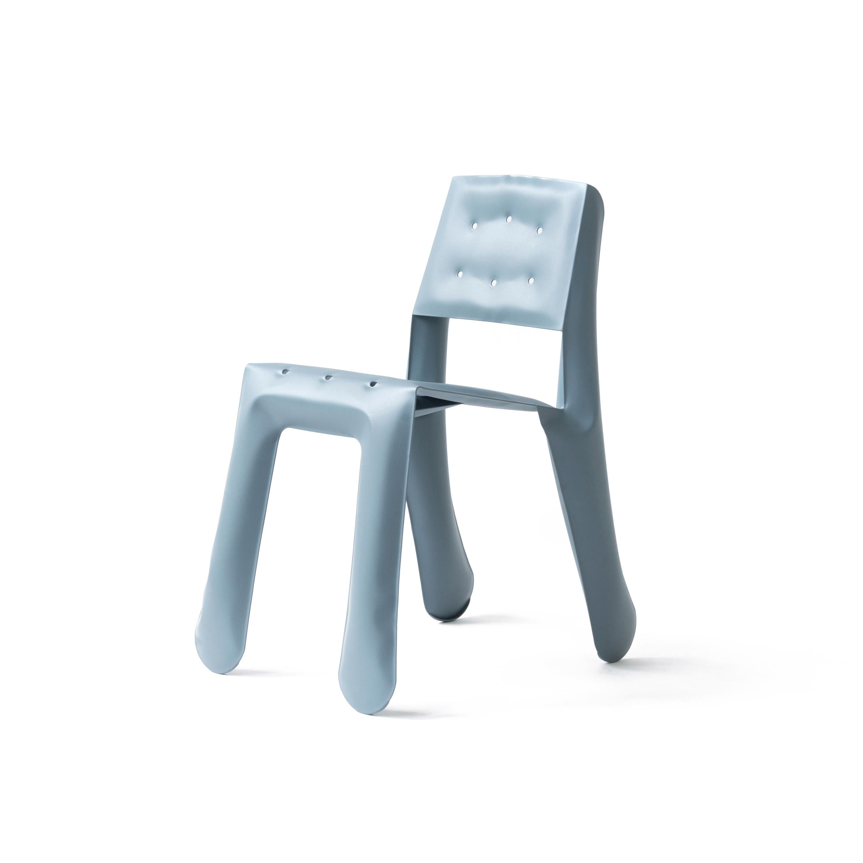 Blue Grey Carbon Steel Chippensteel 0.5 Sculptural Chair by Zieta
Dimensions: D 58 x W 46 x H 80 cm 
Material: Carbon Steel. 
Finish: Powder-coated. Matt finish. 
Also available in colors: white matt, beige, black, blue-gray, graphite, moss-gray,