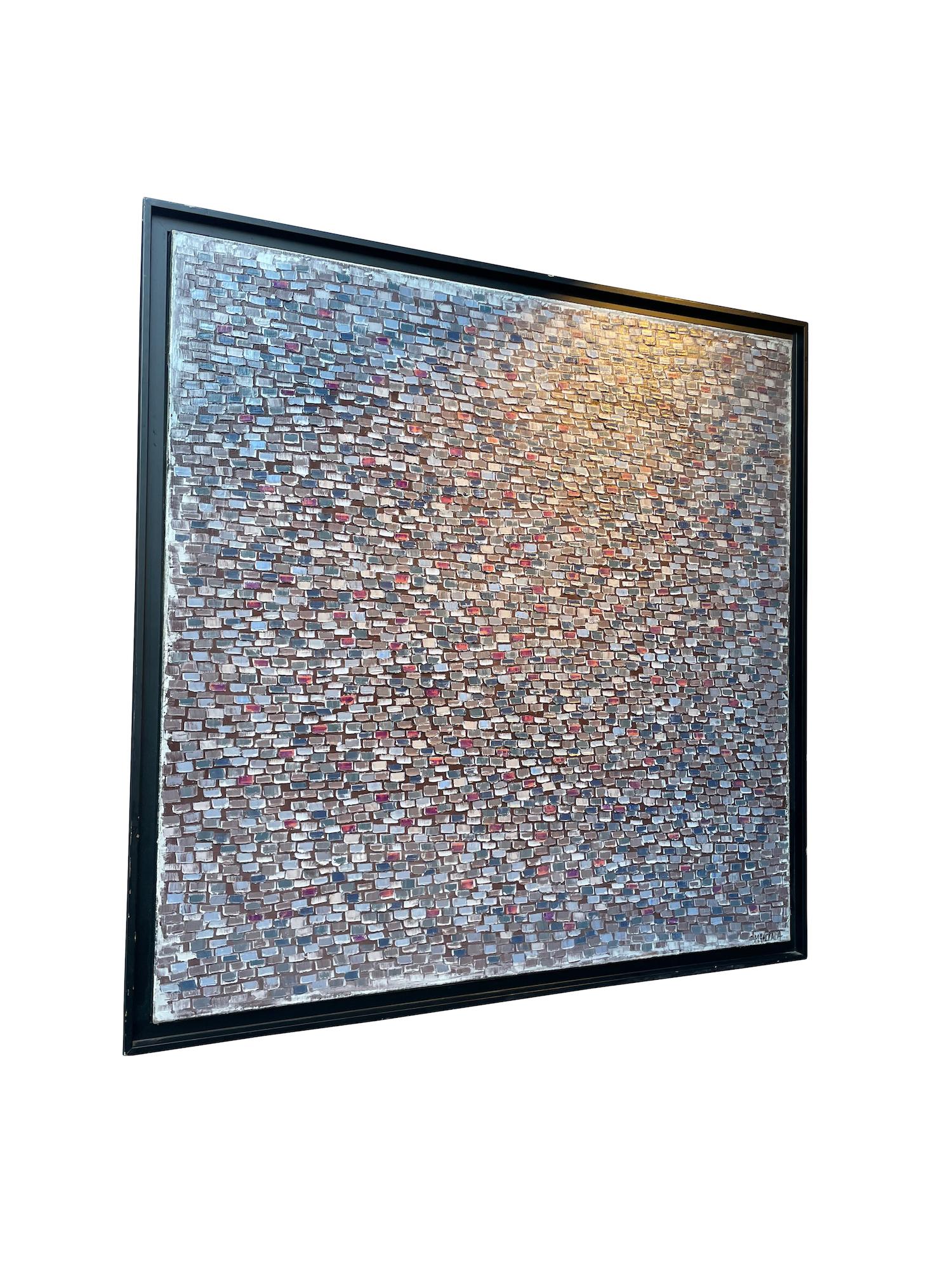 Contemporary Italian oil abstract painting with many
mini rectangles placed horizontally.
Shades of blue, grey, cream and red.
Thin black wood shadow frame.
Signed by the artist MANTRA.
