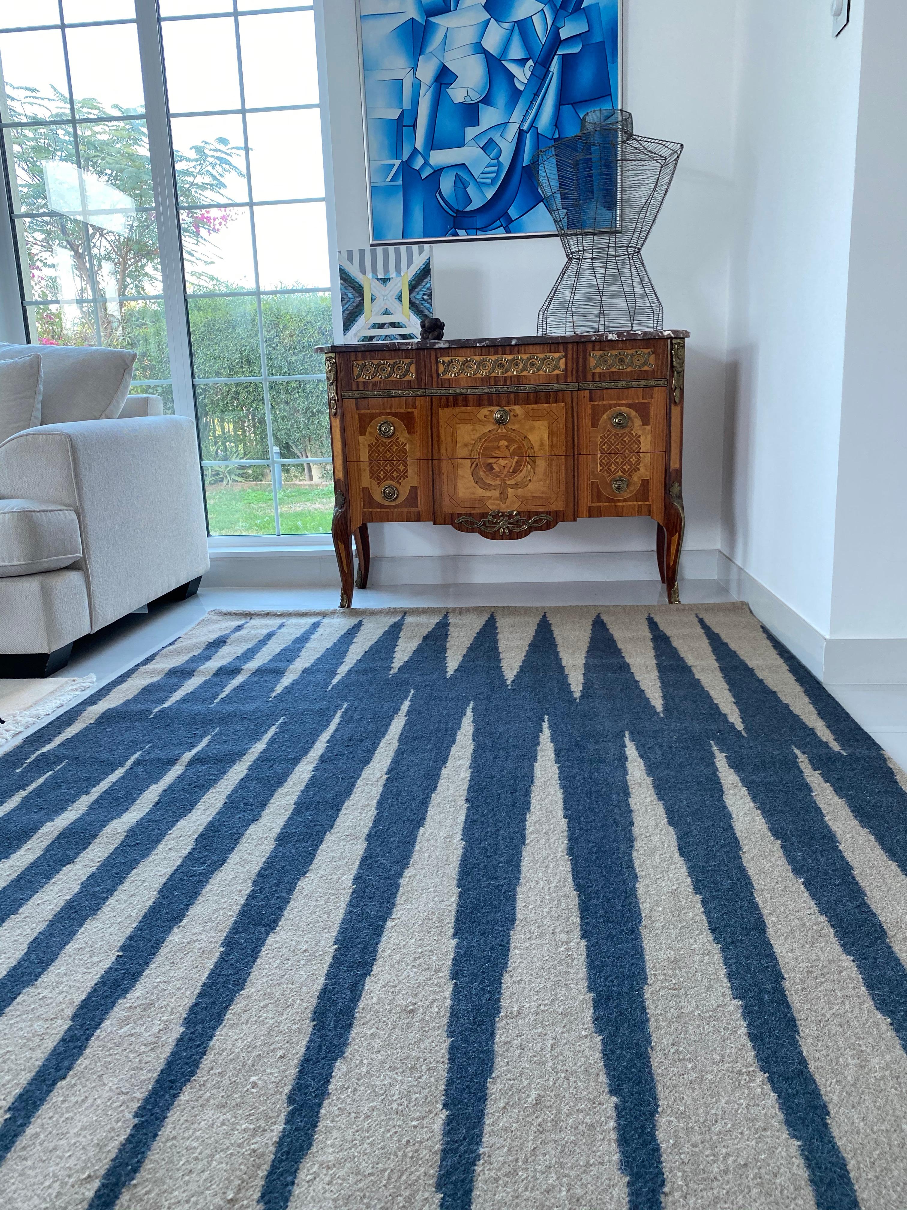 Indian Rug 31st October - Modern Dhurrie Carpet Geometric Blue/Brown Handloom Wool  For Sale