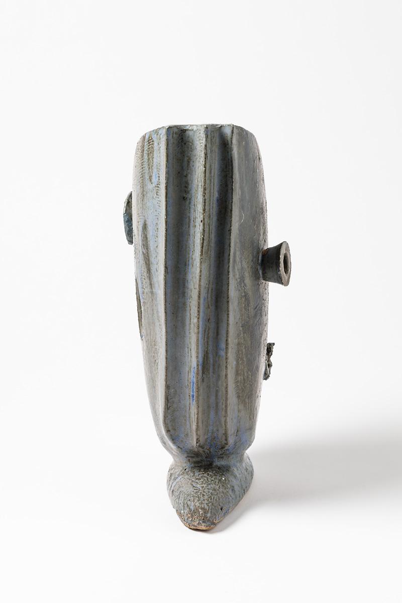 French Blue- grey glazed stoneware sculpture by Michel Lanos,  Circa 1994 For Sale