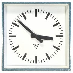 Vintage Blue-Grey Industrial Square Wall Clock from Pragotron, 1970s