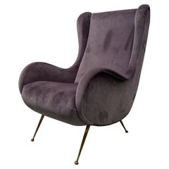 Blue / Grey Lounge Chair in Velvet and Brass, Italy, 1950's