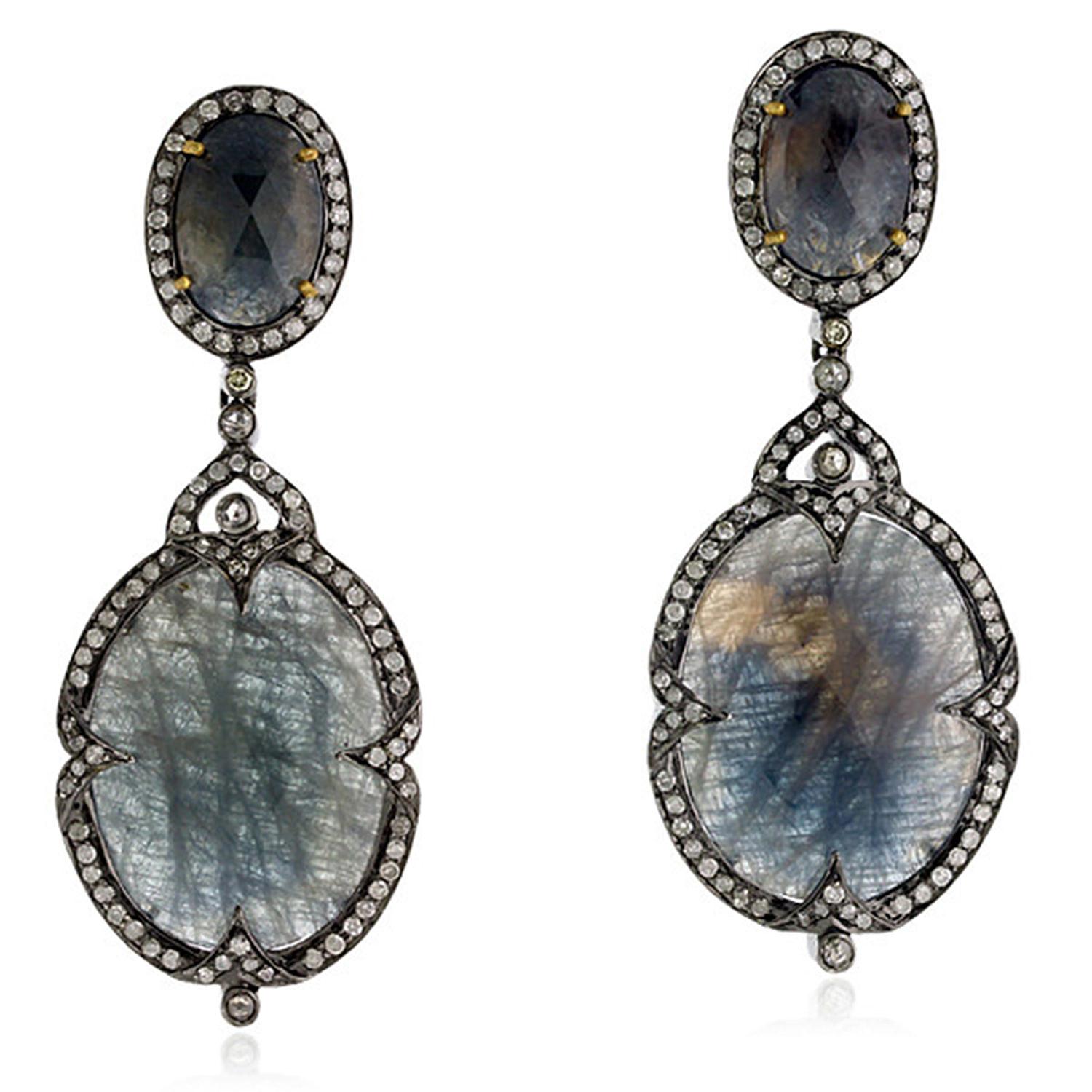 Modern Blue Grey Slice Sapphire Earring in Silver with Diamonds For Sale