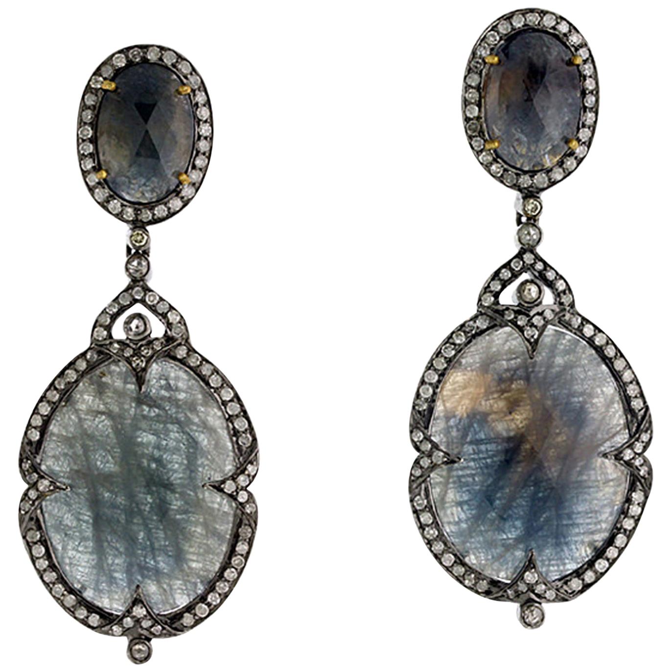 Blue Grey Slice Sapphire Earring in Silver with Diamonds