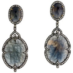 Blue Grey Slice Sapphire Earring in Silver with Diamonds