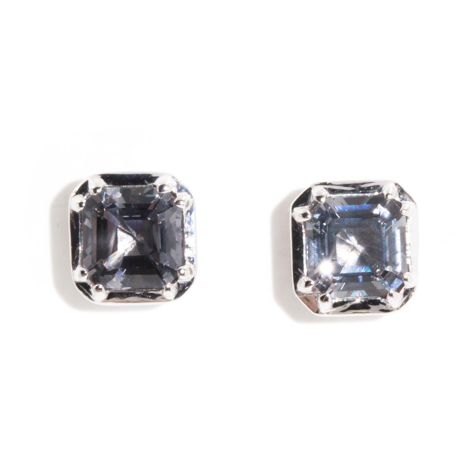 Blue Grey Spinel Contemporary Stud Style Earrings in 9 Carat White Gold 6