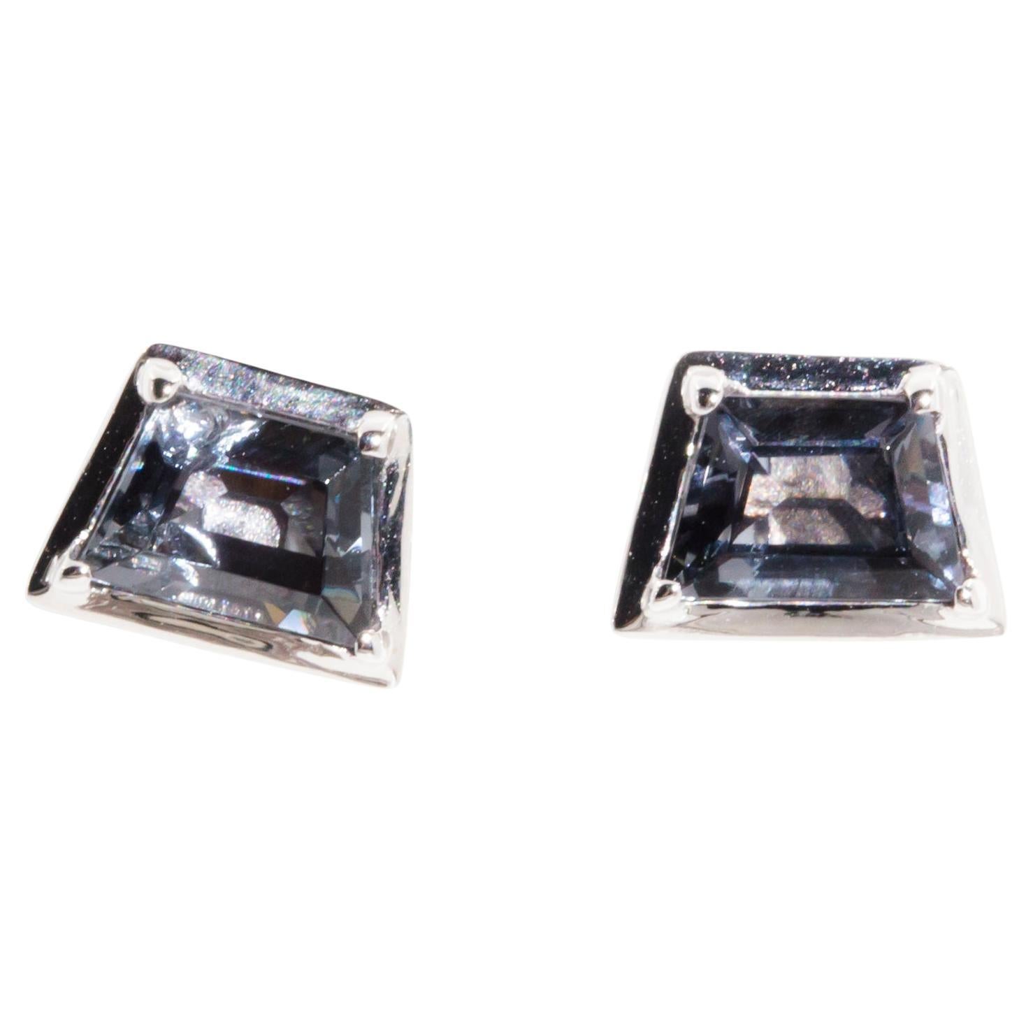 Blue Grey Spinel Contemporary Stud Style Earrings in 9 Carat White Gold