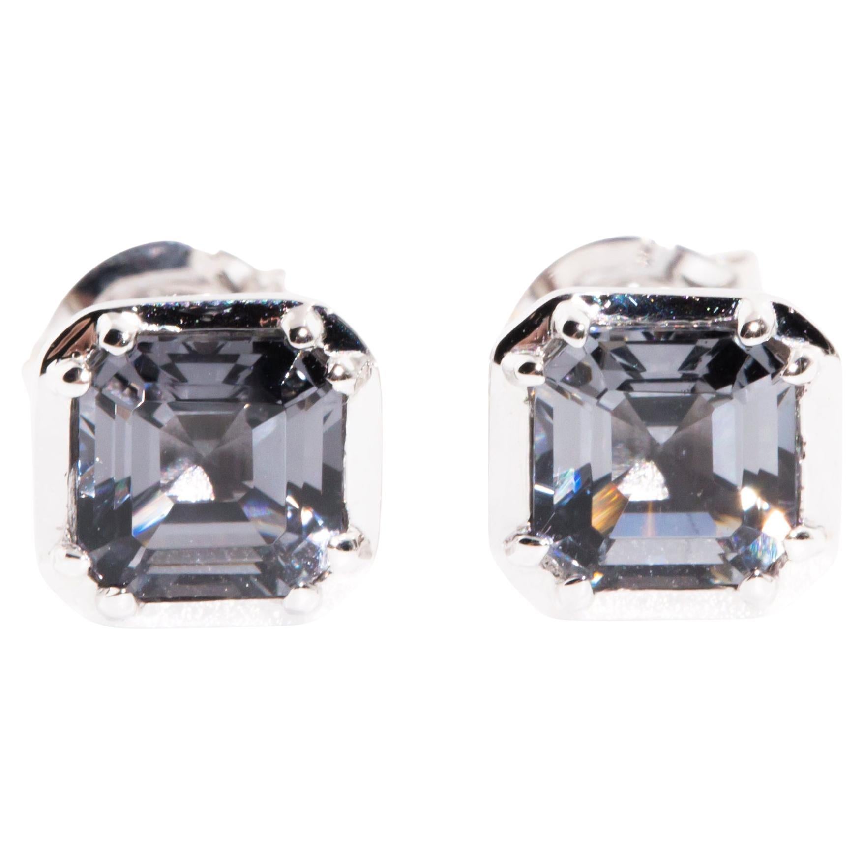 Blue Grey Spinel Contemporary Stud Style Earrings in 9 Carat White Gold