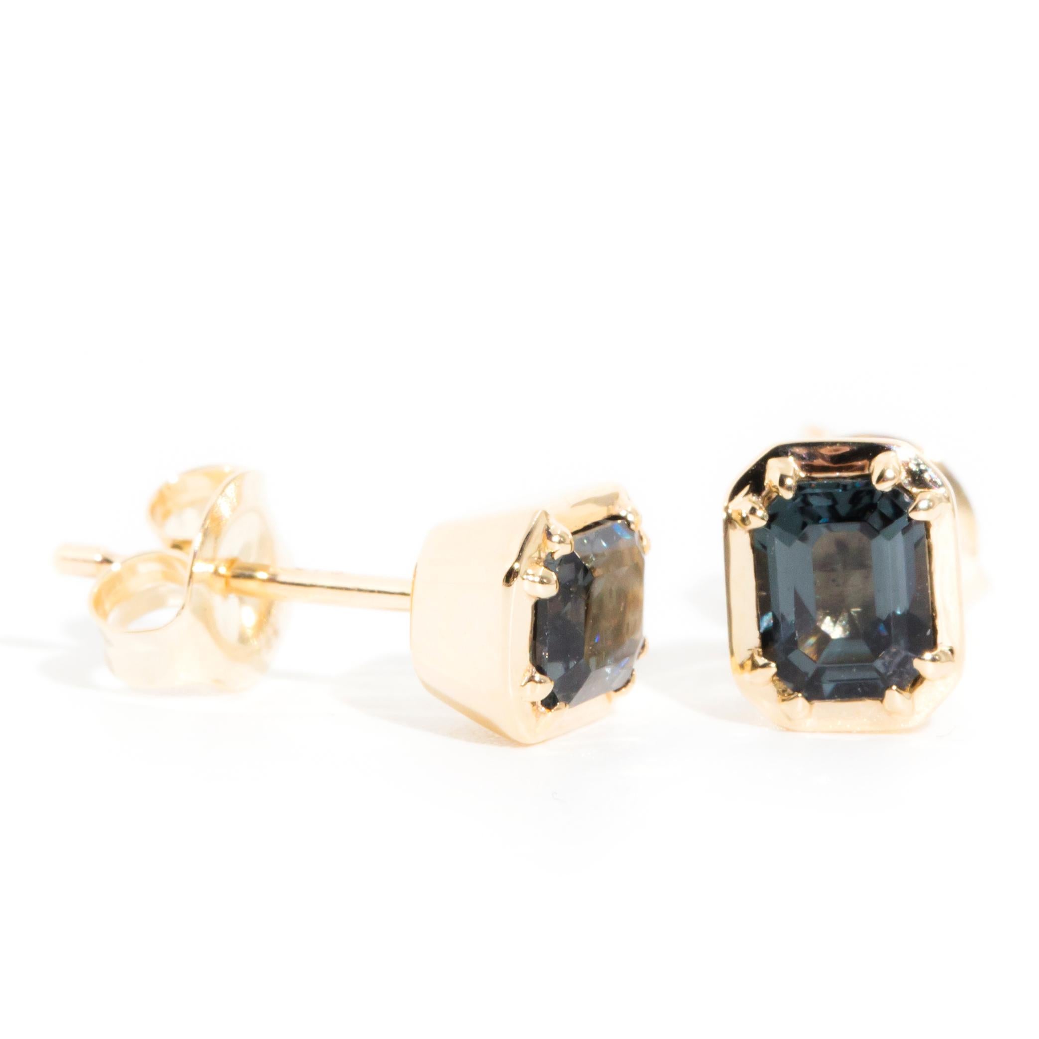 Women's Blue Grey Spinel Contemporary Stud Style Earrings in 9 Carat Yellow Gold