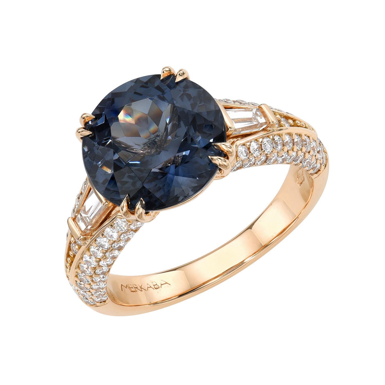 Extraordinary 5.30 carat Blue-Grey Spinel Round, 18K rose gold ring, decorated with a pair of 0.26 carat total baguette diamonds, and a total of 0.58 carat round brilliant diamonds.
Ring size 6.5. Resizing is complementary upon request.
Returns are