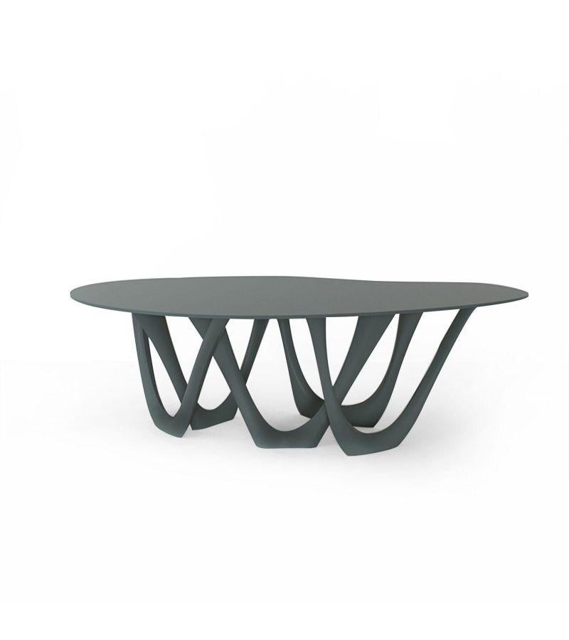 Blue grey steel g-table by Zieta
Dimensions: D 110 x W 220 x H 75 cm 
Material: carbon steel. 
Finish: powder-coated.
Available in colors: beige, black/brown, black glossy, blue-grey, concrete grey, graphite, gray beige, gray-blue, moss grey, olive