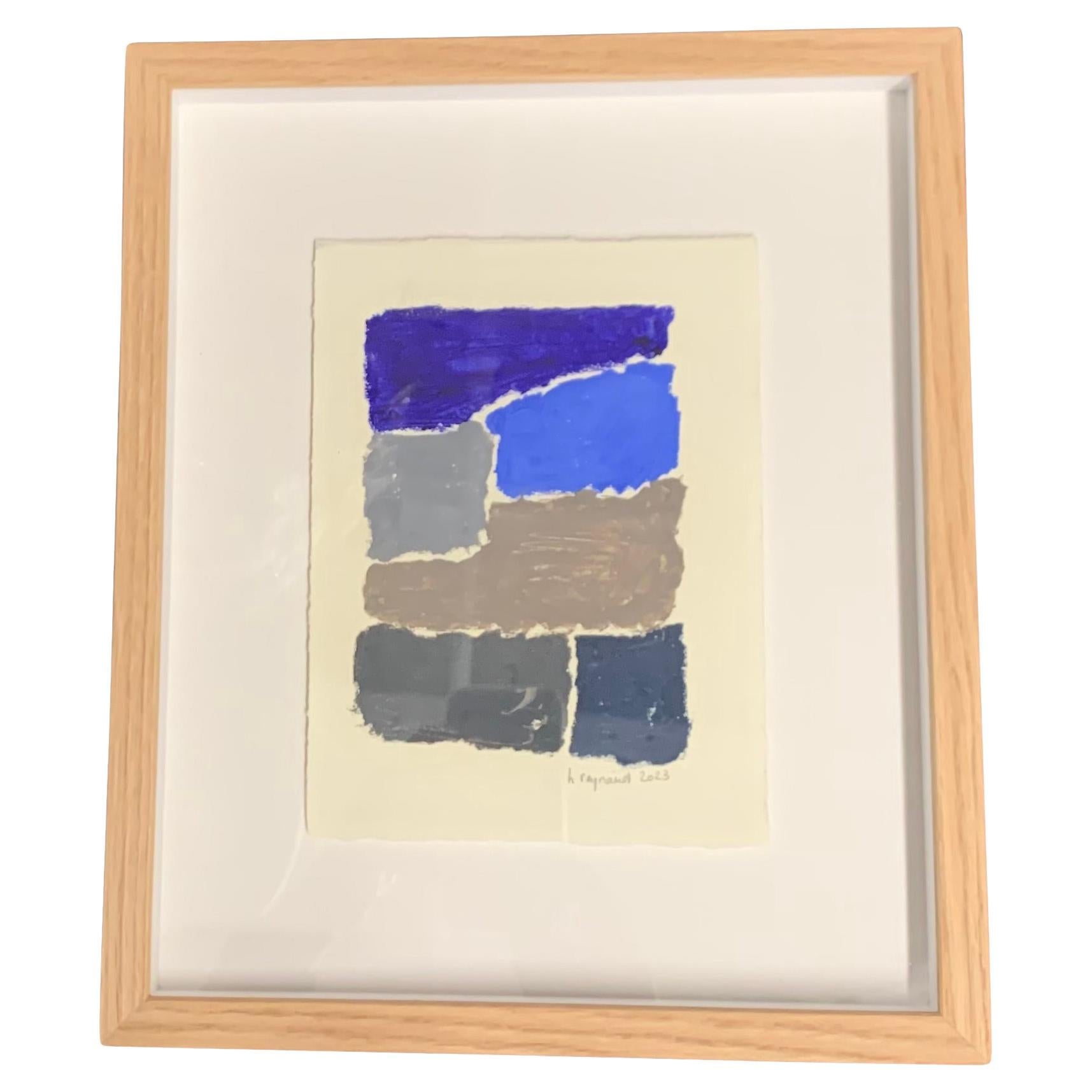 Blau, Grau, Taupe, Grün, Ölpastell des französischen Künstlers Hortense Reynaud, Frankreich im Angebot