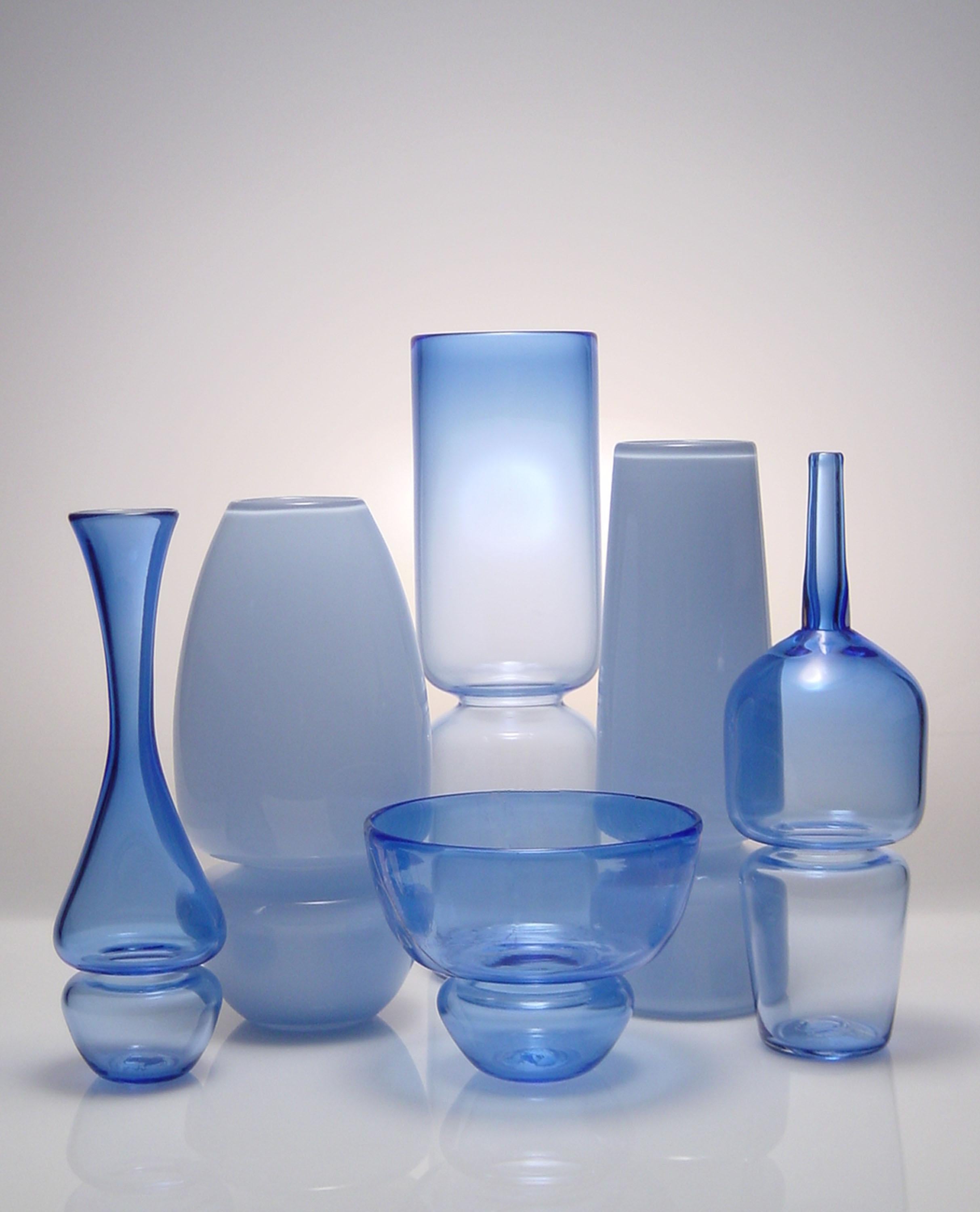 Contemporary Blue Groove Series, Set of Six Handmade Modern Glass Design Vases For Sale