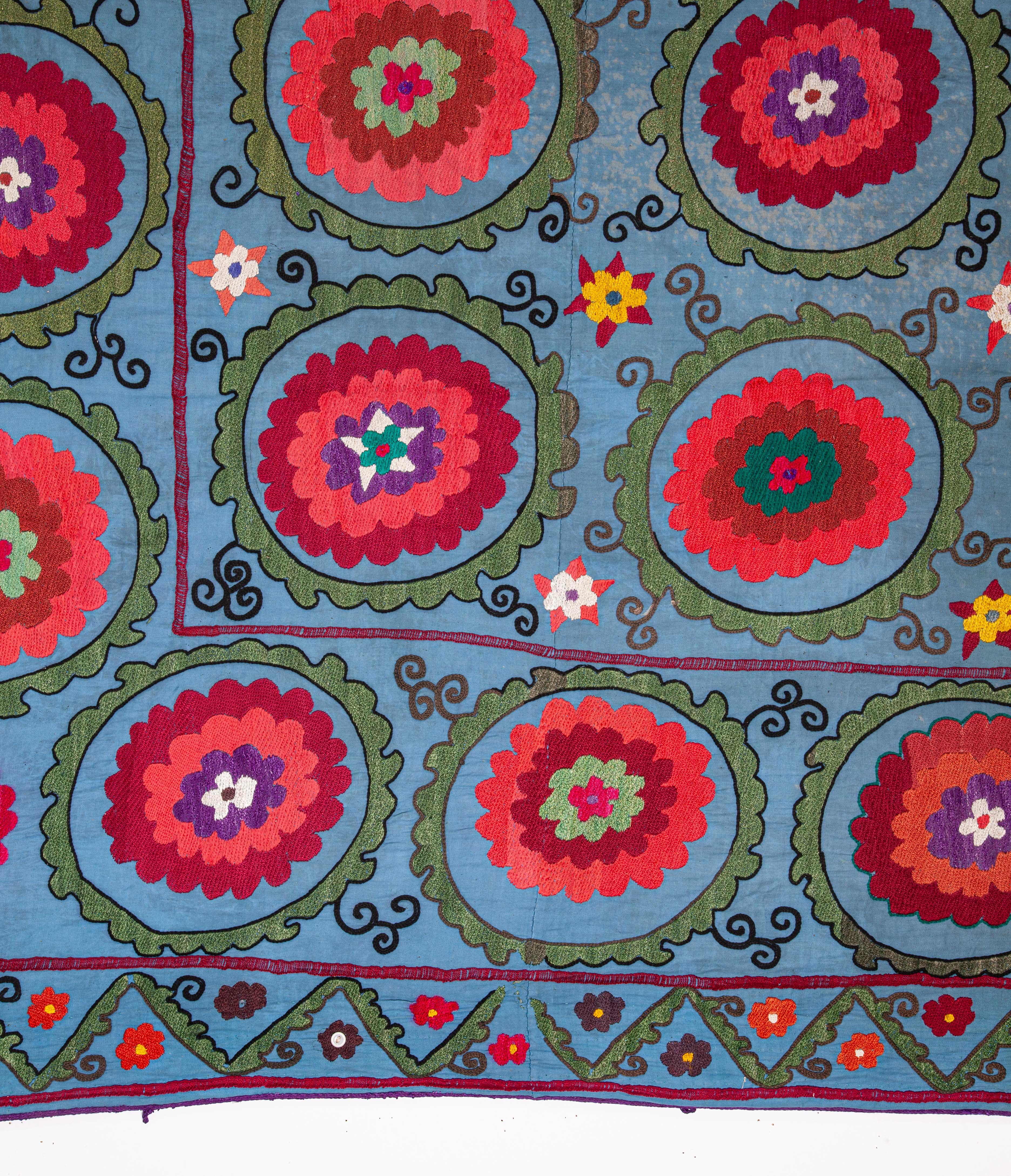 Embroidered Blue Ground Suzani from Bukhara Uzbekistan, 1970s-1980s