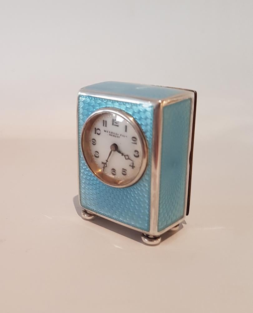 Blue Guilloche Enamel and Silver Sub-Miniature Carriage or Boudoir Clock (Schweizerisch)