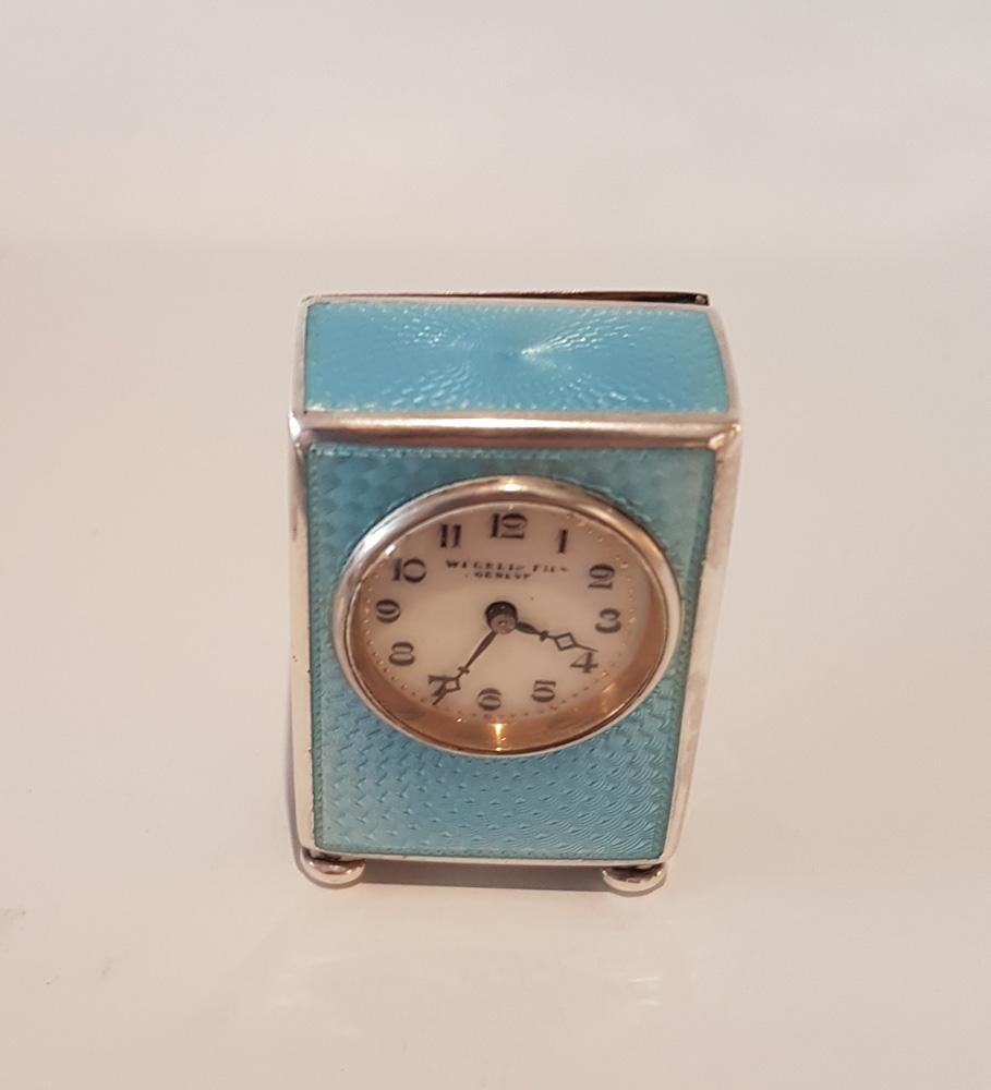 Swiss Blue Guilloche Enamel and Silver Sub-Miniature Carriage or Boudoir Clock