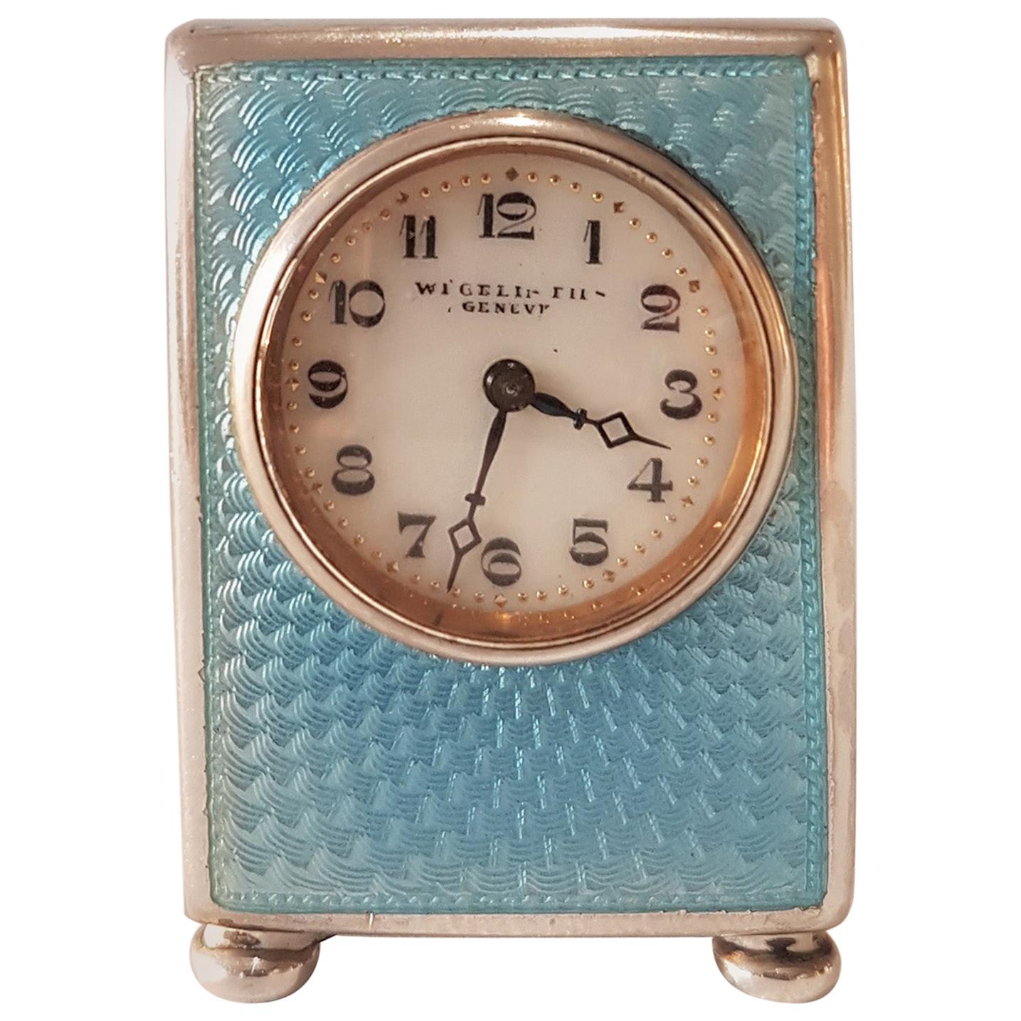 Blue Guilloche Enamel and Silver Sub-Miniature Carriage or Boudoir Clock