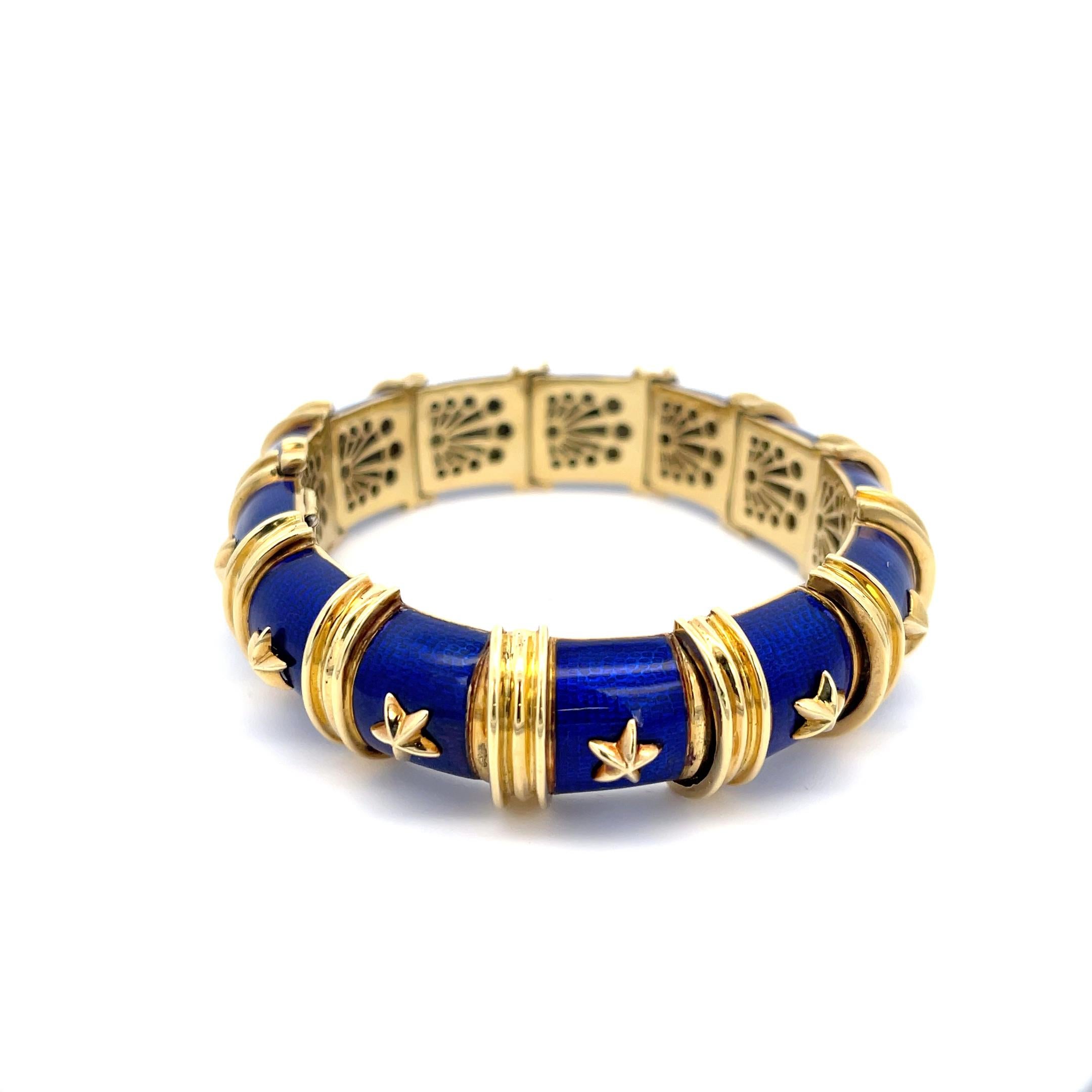 Women's Blue Guilloche Enamel Bracelet 18K Yellow Gold For Sale