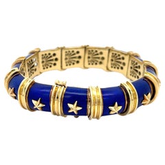 Retro Blue Guilloche Enamel Bracelet 18K Yellow Gold