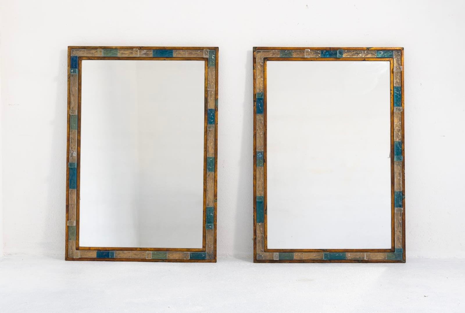 Blue Hammered Glass Gilt Wrought Iron Mirror by Poliarte, Italy, 1970s For Sale 5