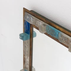 Blue Hammered Glass Gilt Wrought Iron Mirror by Poliarte, Italy, 1970s