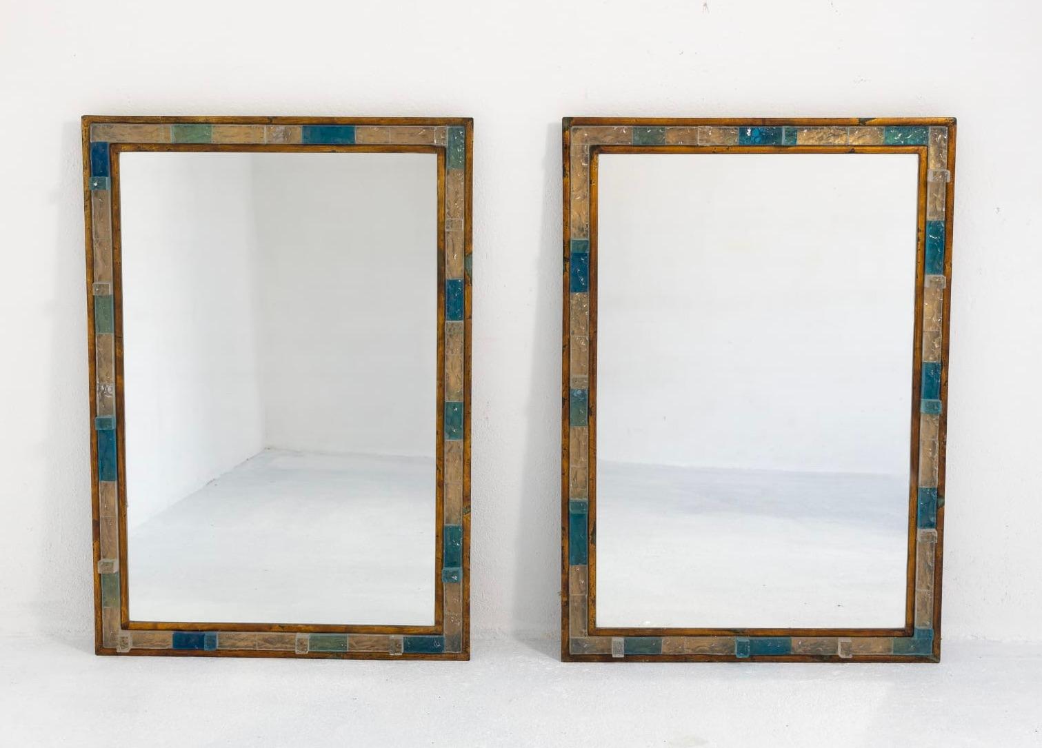 Italian Blue Hammered Glass Gilt Wrought Iron Mirror by Poliarte, Italy, 1970s For Sale