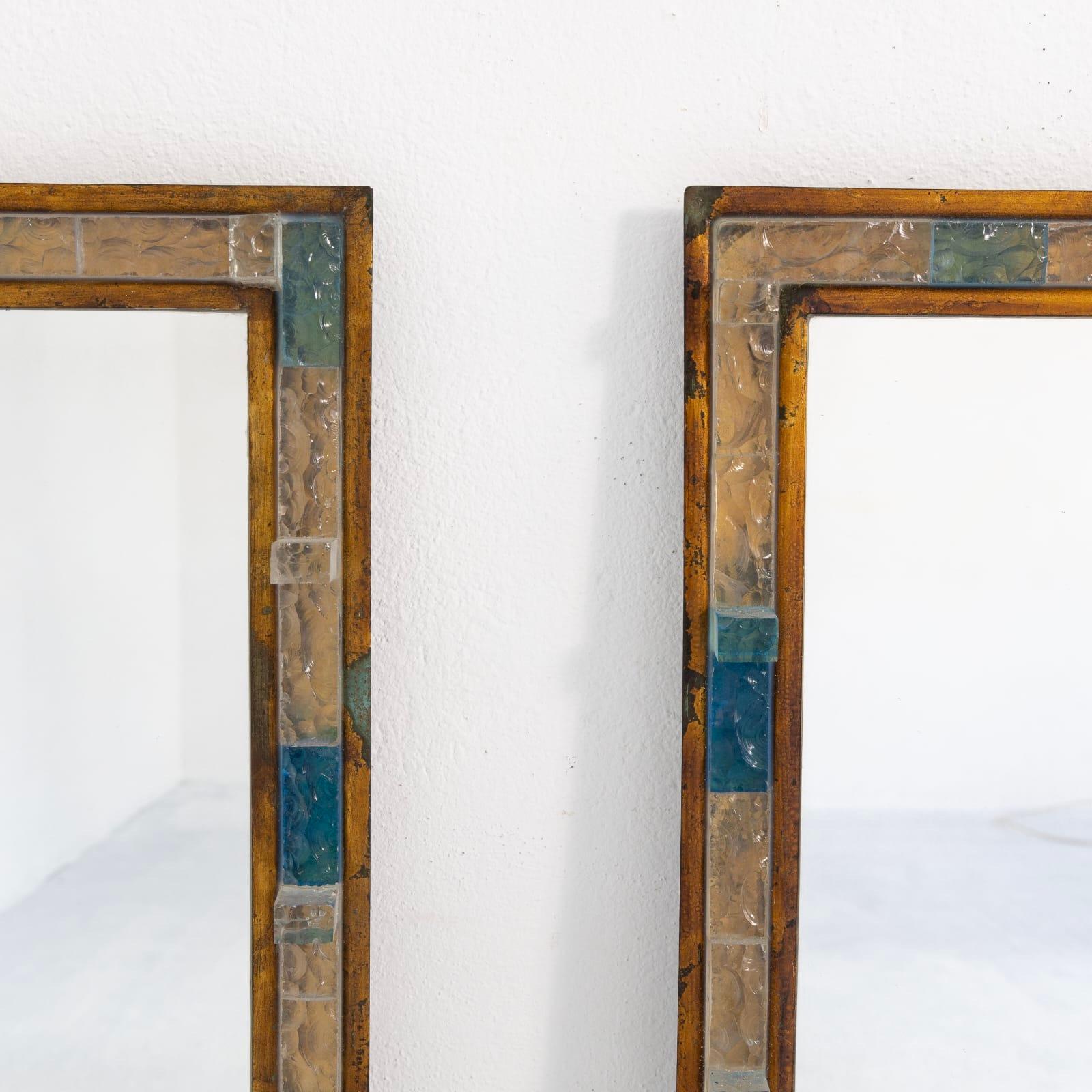 Blue Hammered Glass Gilt Wrought Iron Mirror by Poliarte, Italy, 1970s For Sale 1