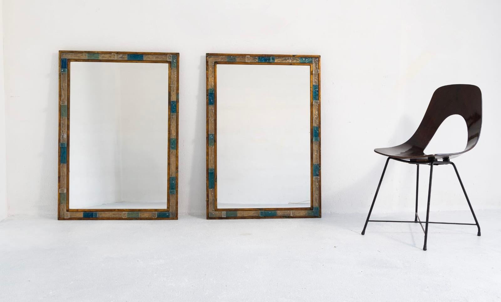 Blue Hammered Glass Gilt Wrought Iron Mirror by Poliarte, Italy, 1970s For Sale 2