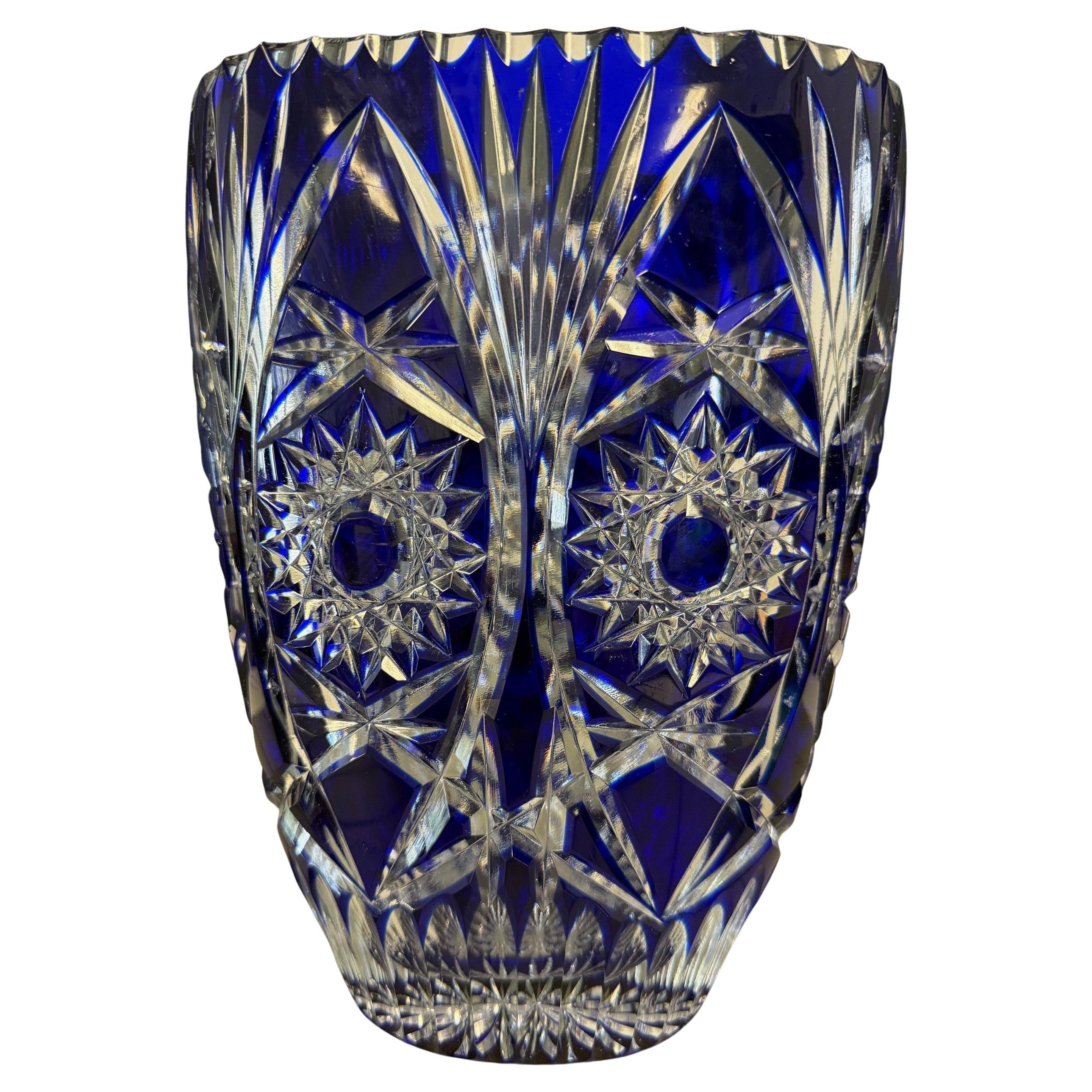 Blue Hand Cut Lead Crystal Vase by Caesar Crystal Bohemiae Co. Czech Republic