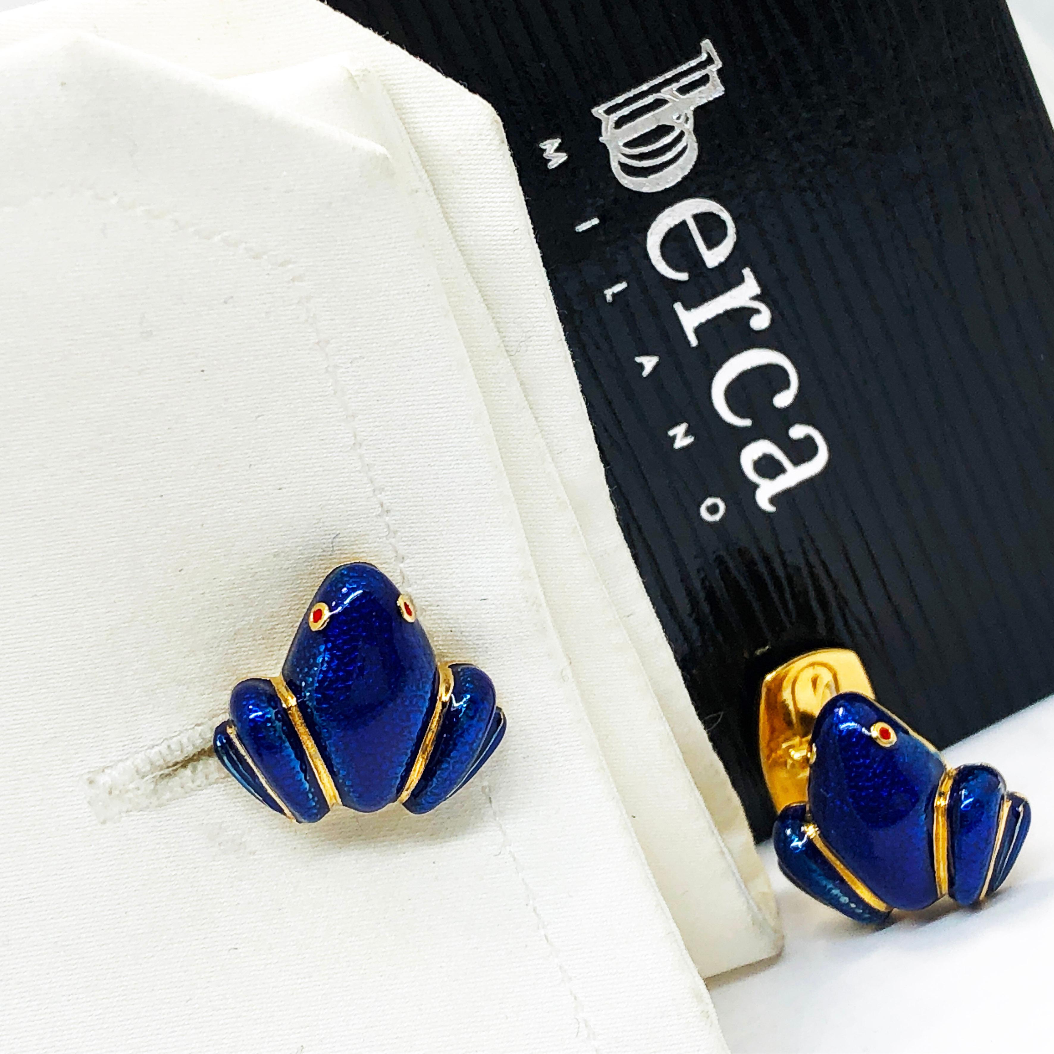 Unique and Chic Navy Blue Hand Enamelled Little Frog Shaped T-Bar Back, Sterling Silver Yellow Gold Plated Cufflinks.
In our smart Suede Leather Case and Pouch.
