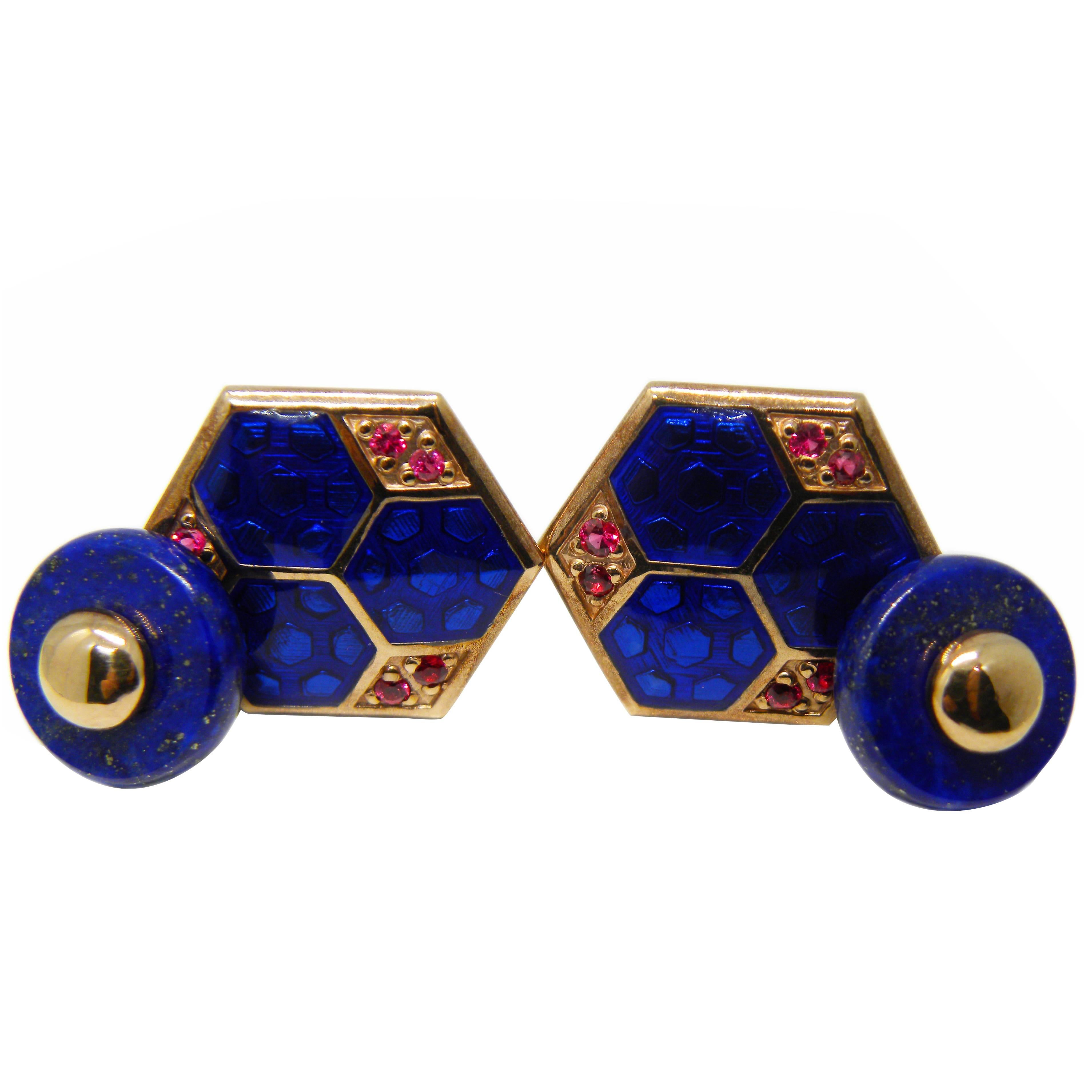 Berca Blue Enameled Natural Round Ruby Lapis Back Rose Gold Setting Cufflinks