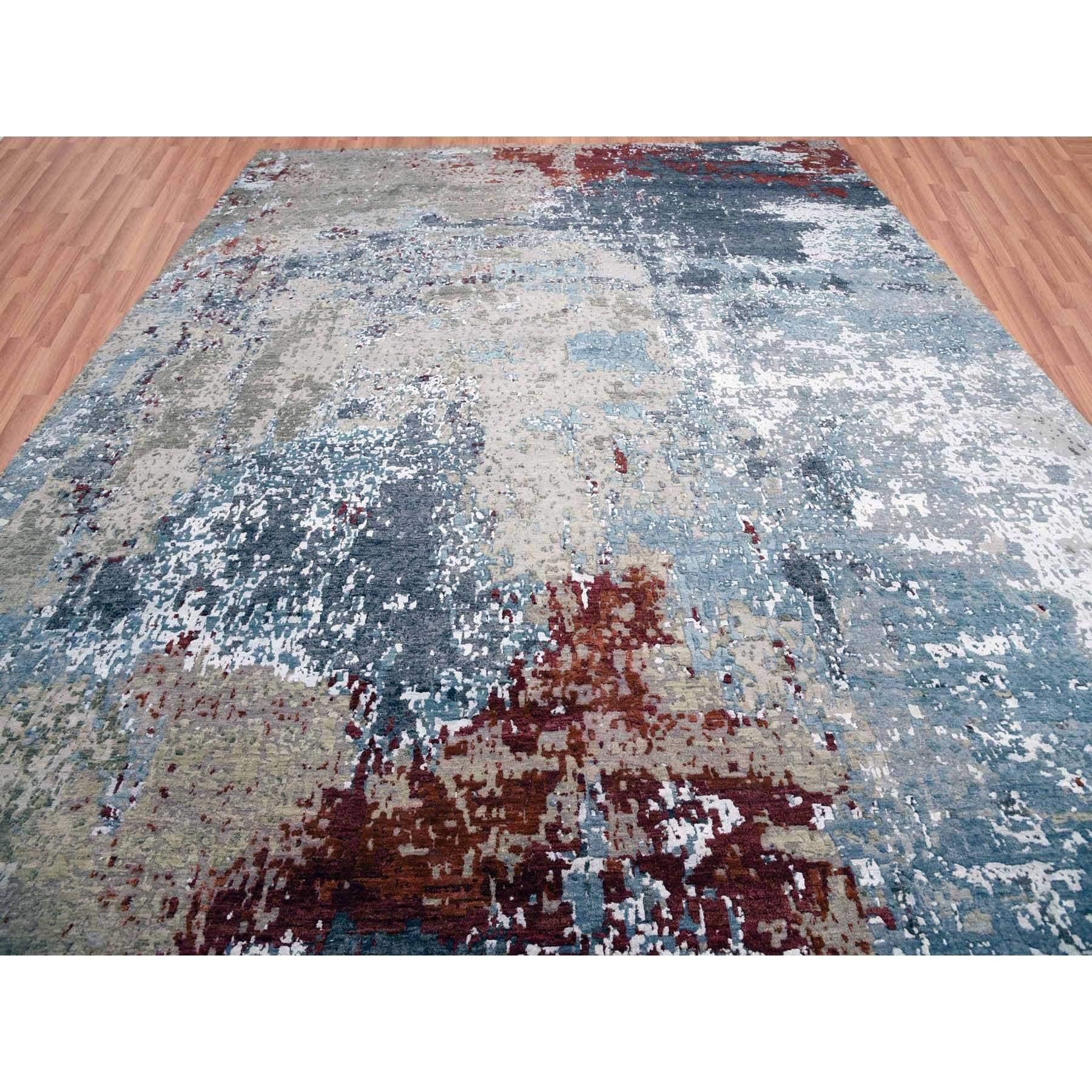 Moderno Tappeto orientale blu annodato a mano con design astratto e nodo persiano, interamente in lana, di dimensioni eccessive in vendita