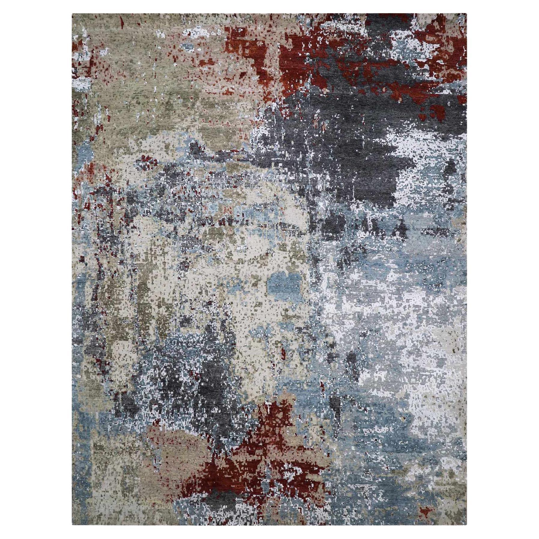 Alfombra Oriental Azul Anudada a Mano Diseño Abstracto Nudo Persa Toda Lana Sobredimensionada