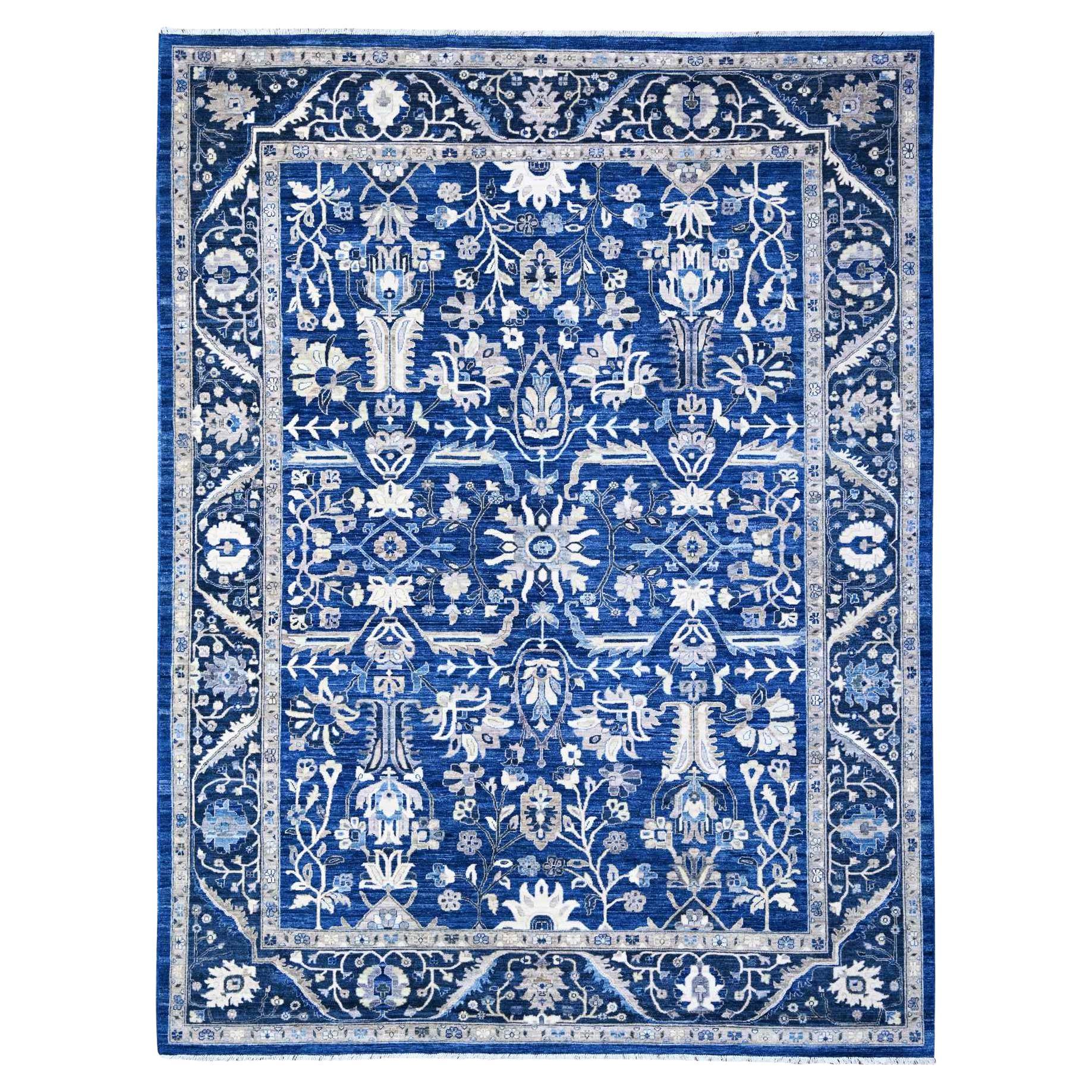 Blauer handgeknüpfter orientalischer Teppich aus feiner Wolle in Peshawar Heris Design 8'11" x 11'7" in Blau