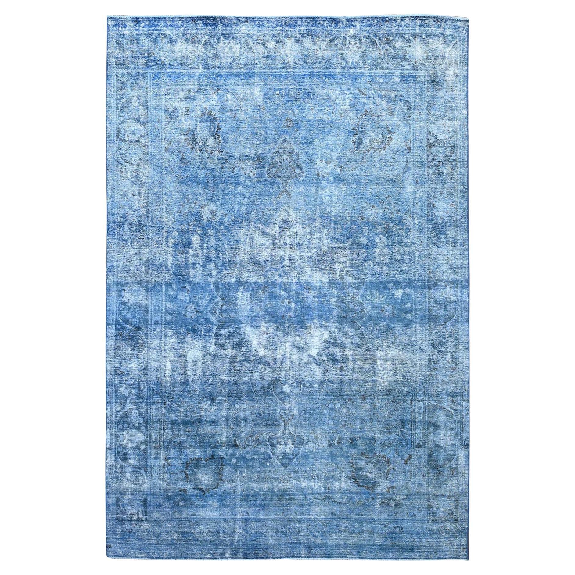 Blue Hand Knotted Clean Evenly Worn Vibrant Wool Overdyed Old Persian Tabriz Rug For Sale