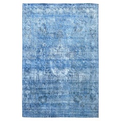 Blue Hand Knots Rugs Clean Evenly Worn Vibrant Wool Overdyed Old Persian Tabriz Rug