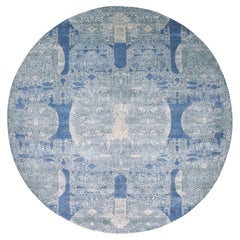 Tapis oriental rond en laine et soie, noué à la main, bleu 12'1" x 12'1"