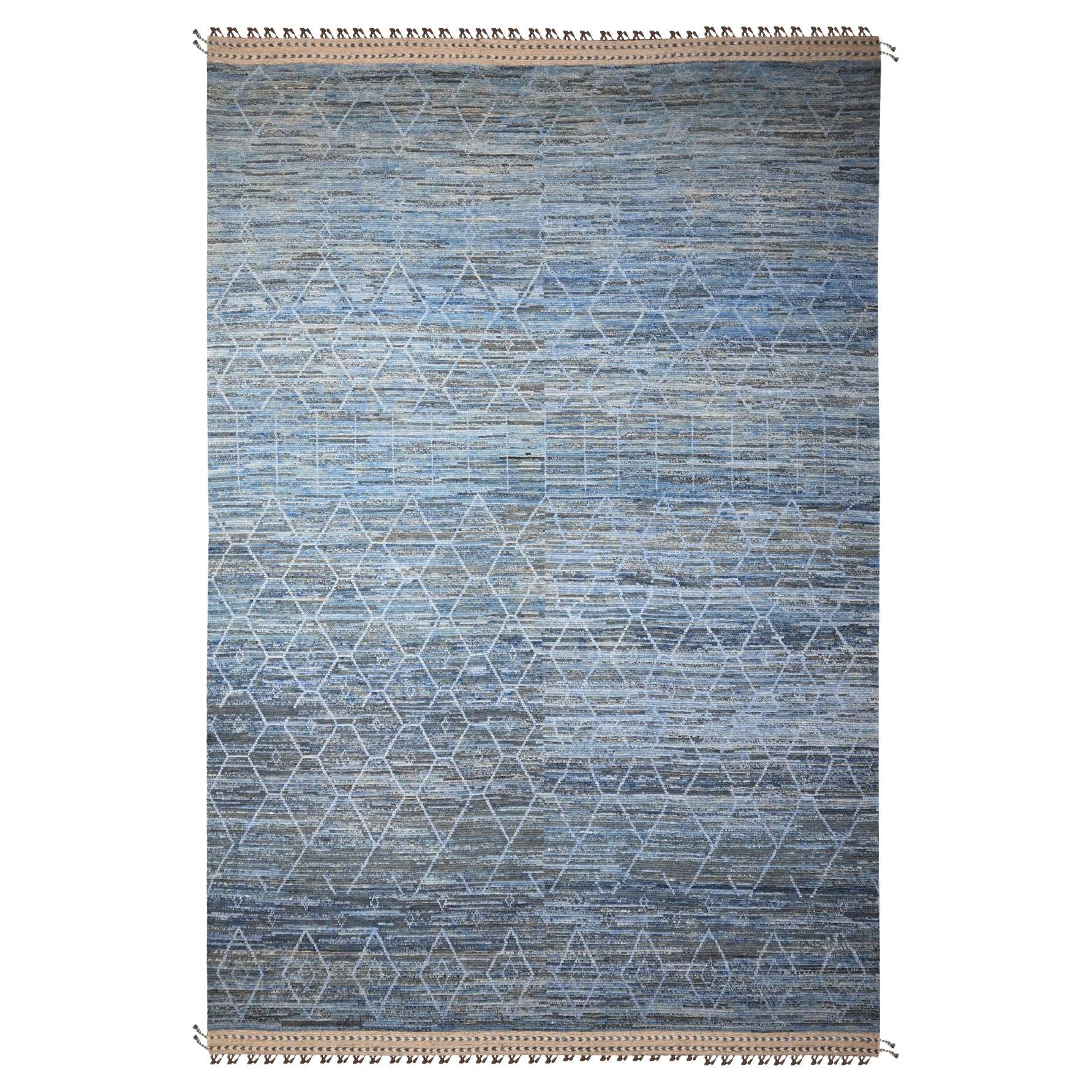 Blue Hand Knotted Moroccan Inspired Design Pure Wool Oriental Rug 12' x 18'5"