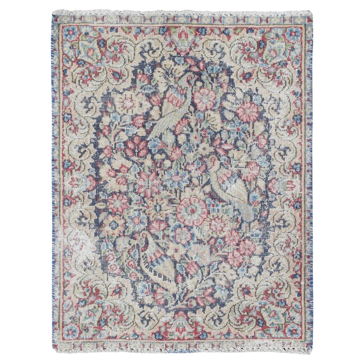 Blue Hand Knotted Old Persian Kerman Birds and Flowers Design Wool Rug 1'8"x2'2"